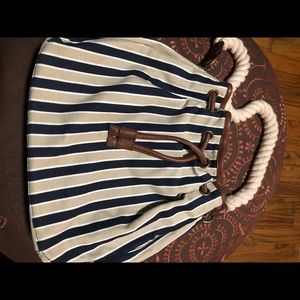 Eddie Bauer Navy, White & Tan Striped Rope-Handle Hobo Bag